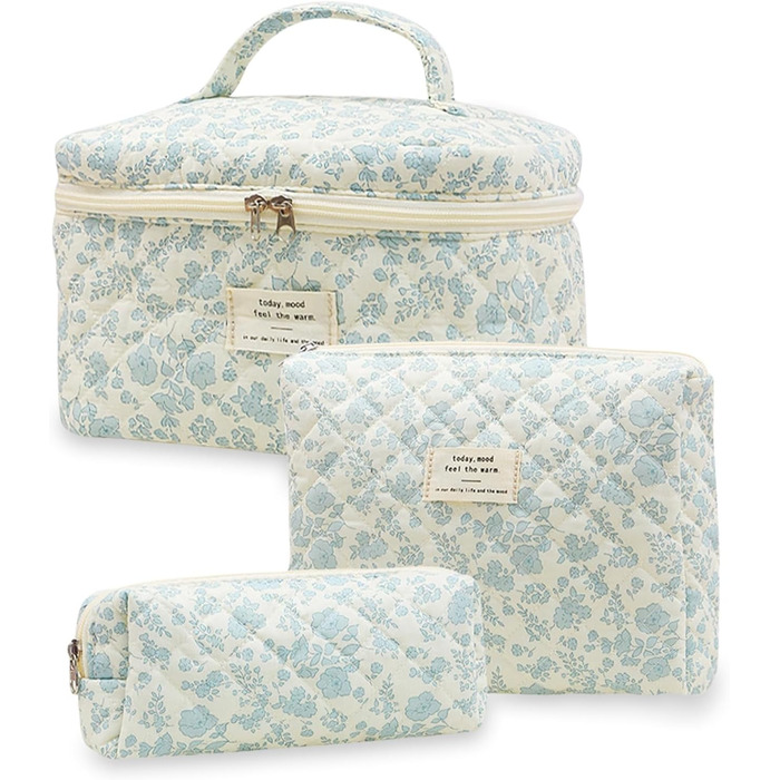 Набір 3 косметичні сумки для подорожей: дамська культбагаж з квітковим візерунком, степенева культбагаж, косметичка для макіяжу, портативна сумочка для дівчат та жінок (блакитний квітковий принт)