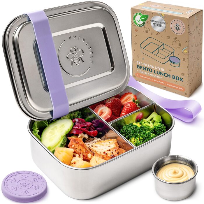 Everusely Ланчбокс Bento Box Лавандовий - 0,8 л, нержавіюча сталь, з контейнером для спецій, 3 відділення