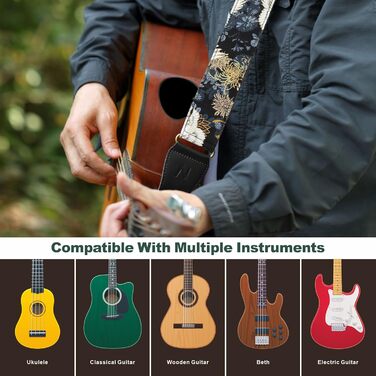 Японський гітарний ремінь Nefelibata з бавовни для акустичної гітари, укулеле, адаптер для голівки грифа в подарунок, медіатор та замок для ремінця. Регулювання від 38' до 64'. Дизайн: Хризантеми