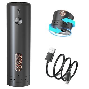 Електричний набір для солі та перцю з зарядною станцією, об'єм 110 мл, перезаряджувана солянка з 5 рівнями, керамічна млинка з щіткою (1 шт. чорний)