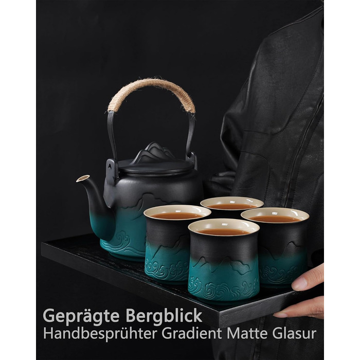 ZENS Design Japanese Teapot, 1000ml Gradient Embossed Japanese Ceramic Teapot with Built-in Strainer and Hemp Rope Handle for Loose Leaf Tea Steeper, Gift for Tea Lovers, Black & Bean Green (Black & Green, 1000ml Teapot & 4 of 200ml Cups)