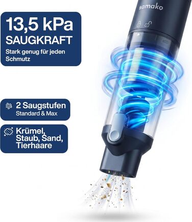 Samako Акумуляторний пилосос NanoDetect Pro 13,5 кПа з LED-дисплеєм, ультралегкий (0,85 кг), HEPA-фільтр, для дому, авто та дивана
