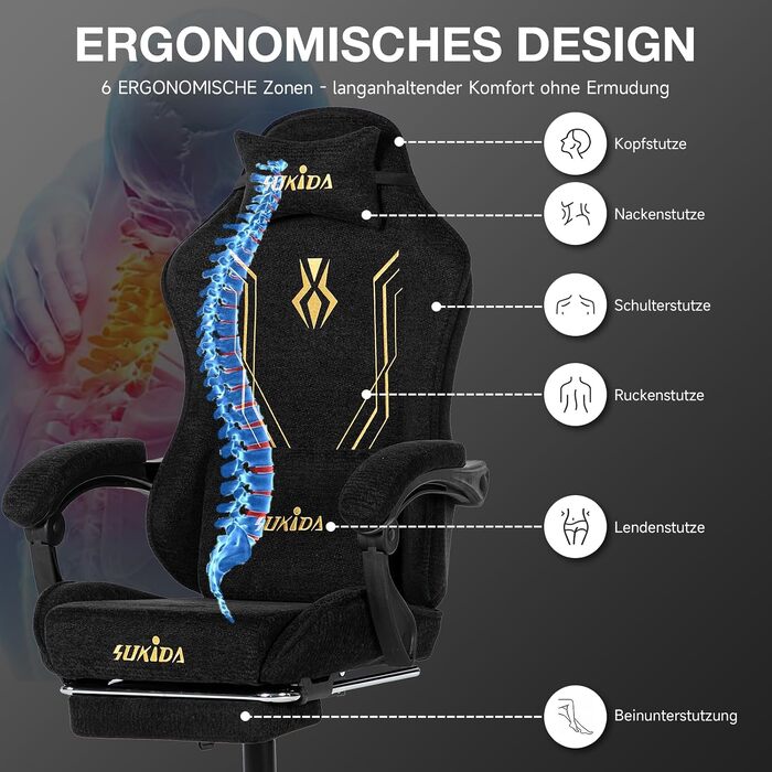 Ігрове крісло SUKIDA Ergonomic з тканини шеніль, з підставкою для ніг, підголівником та поперековою підтримкою, дихаючий матеріал, навантаження до 150 кг, чорне