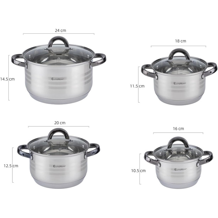 Набір каструль та сковорідок EliteHoff Induktion (8 предметів) з нержавіючої сталі, з кришками та чорними ручками, для всіх типів плит