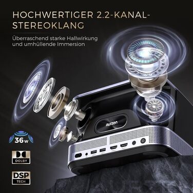 AURZEN Boom 3: 4K проєктор з автофокусом, HDR, WiFi6, Bluetooth, Dolby Audio. Підтримка 1080P Full HD, LED Smart проєктор для дому та на вулицю (чорний)