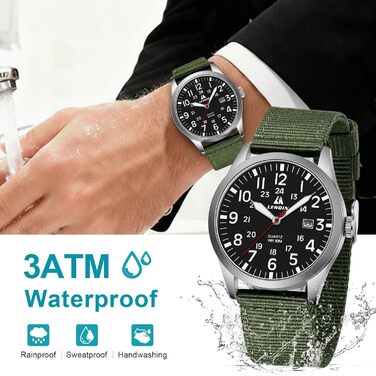 Годинники чоловічі LN LENQIN аналогові кварцові на нейлоновому ремінці, водостійкі 30M, з датою (зелені, срібні, чорні)