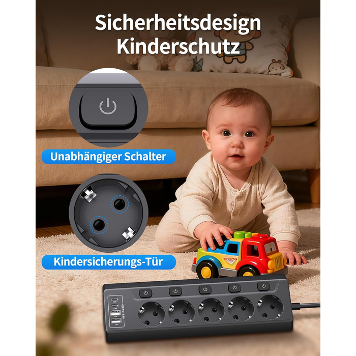 Мережевий фільтр 5-фазний з USB та LED, чорний - для дому, кухні, офісу