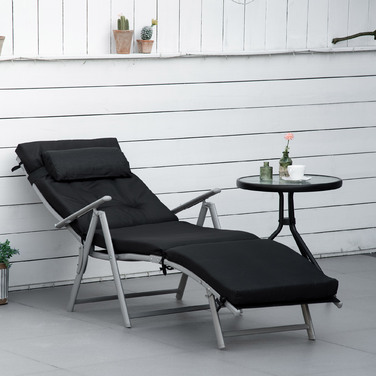 Outsunny Folding Beach Chair, 7 Adjustable Positions, Weather-Resistant, with Cushion, Textilene, Polyester, Metal, 137 x 63.5 x 100.5 cm, Black | Aoso