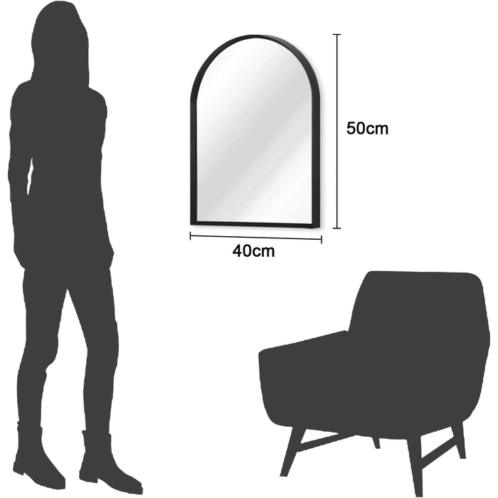 Дзеркало настінне з вигнутим склом, 45x65 см, металевий каркас, чорне. Підходить для ванної кімнати, вітальні та спальні