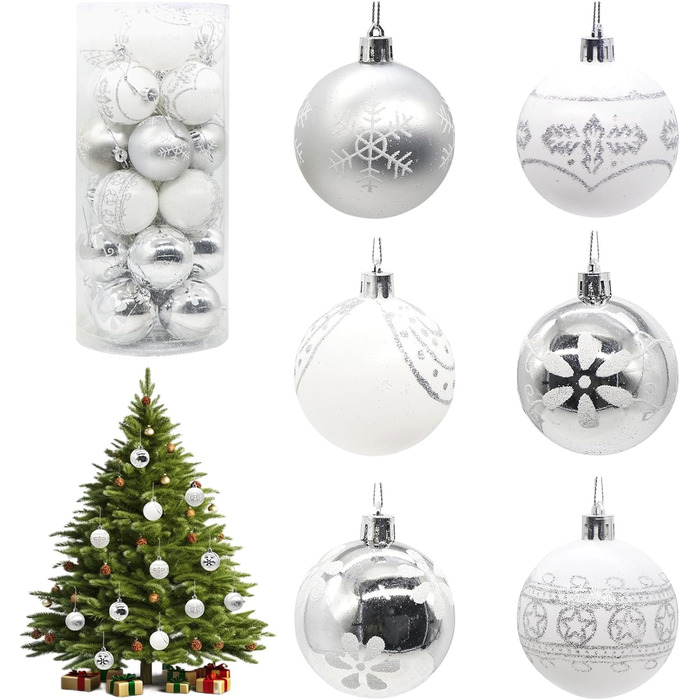 30 шт. Новорічні кулі - набір прикрас для ялинки, 6 см, блакитний та сріблястий, ручної роботи з гачком