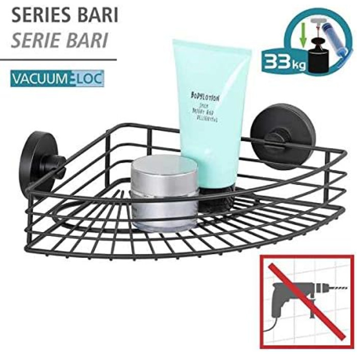 Кутова полиця WENKO Bari Vacuum-Loc, настінна, loft-стиль, без свердління, чорний лакований метал, 35x9x22,5 см