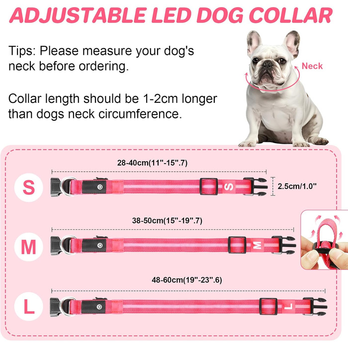 Світлодіодна нашийник для собак Feycig - USB зарядка, водонепроникний, 3 режими, регульований (L, рожевий, 28-40см)