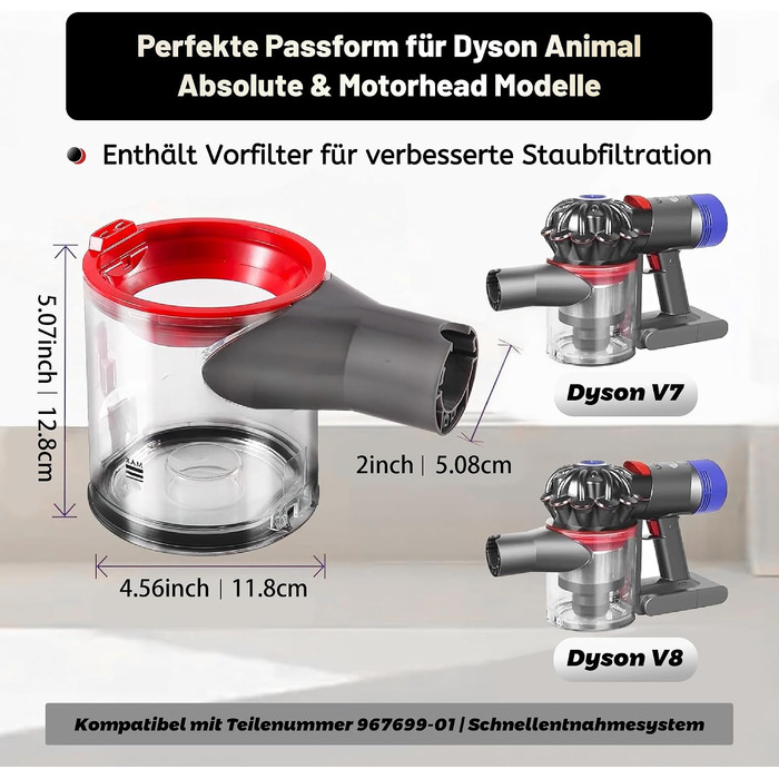 Покращений контейнер для пилу для пилососів Dyson V7 V8 SV10 SV11 (Animal, Absolute, Fluffy), запчастина №967699-01, прозорий міцний пилозбірник