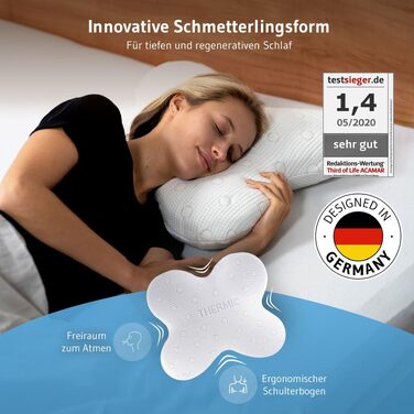 Ергономічна подушка для сну на боці ACAMAR (Memory Foam) з терморегулюючим чохлом, форма метелика, біла