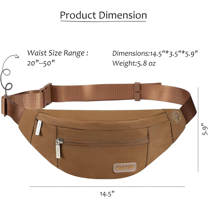 Поясна сумка Maxtop для чоловіків та жінок, чорна, водонепроникна, з 4 кишенями на блискавці, для спорту, подорожей, кемпінгу, велосипеду