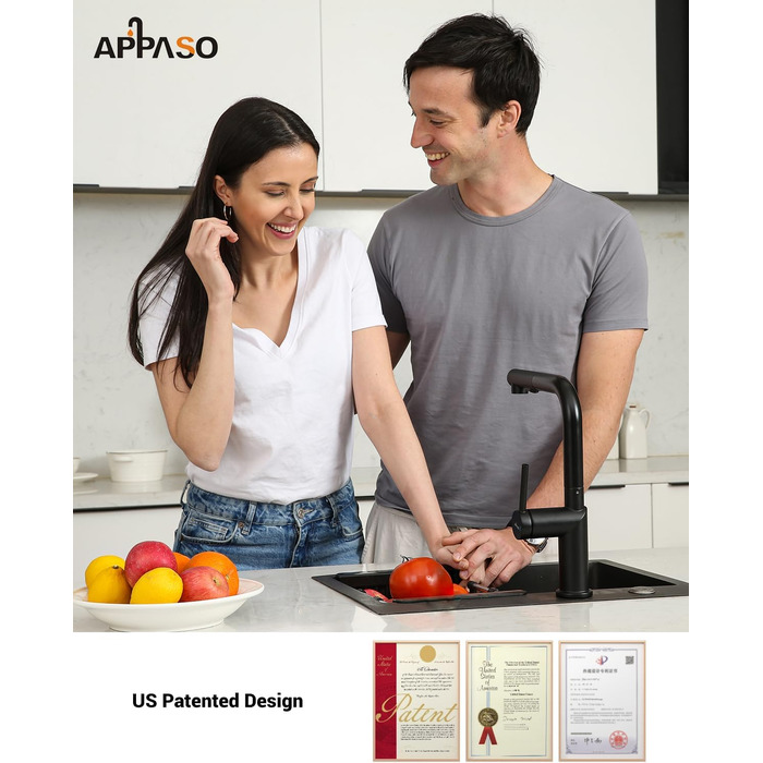 Кухонний змішувач Appaso, висувний, чорний, з 2 режимами струменя, 360° поворот, для кухні | Нержавіюча сталь, матовий чорний