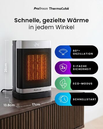 Керамічний тепловентилятор-товпіль Pro Breeze ThermaCube Plus 2200W з термостатом, дистанційним керуванням та Eco-режимом, обертання 65°, захист від перекидання