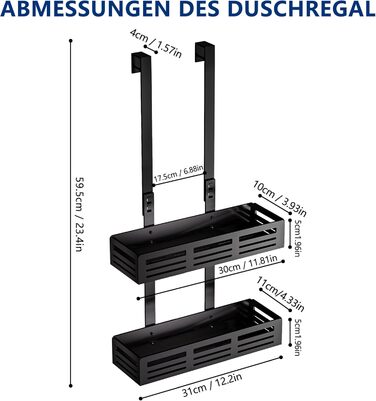 Настінна поличка для душу Hawsam з 2 кошиками та 4 гачками, без свердління, чорна