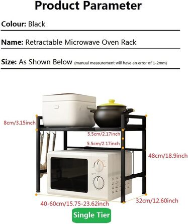Adjustable Microwave Rice Cooker Stand Holder Kitchen Countertop Storage Organizer Shelf Freestanding Expandable Spice Rack (1 Tier, Black)