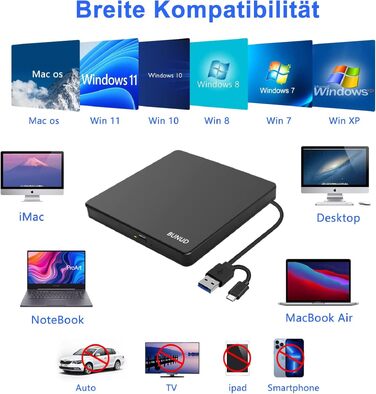 Зовнішній CD/DVD привід BU USB 3.0 & Type-C, DVD+/-RW Brenner з картридером SD/TF та USB-портами для ноутбука, ПК, MacBook, Windows 11/10, macOS, чорний