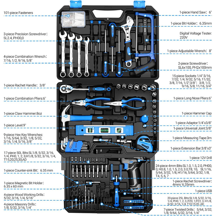 Набір акумуляторної дрилі DEKO 12V: 238 штук у кейсі. Акумуляторна дриль-шуруповерт для дому, рукоділля та ремонту. Комплект інструментів (блакитний)