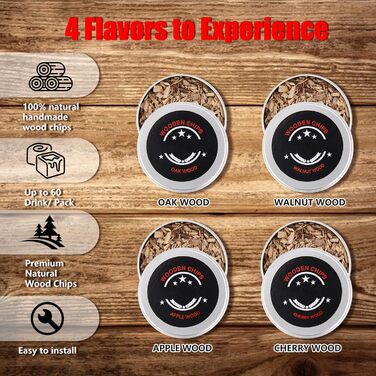 Набір для копчення напоїв Cocktail з 4 смаками, дерев'яні чіпси для віскі, набір для приготування коктейлів, інфузор для бурбона з багаторазовим льодом, Round, чорний
