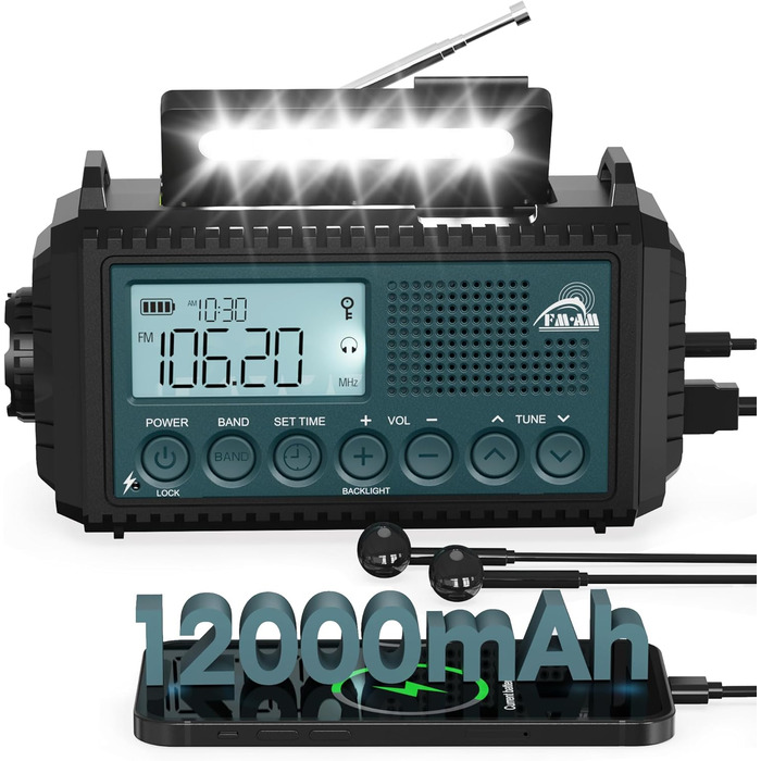Радіо Roxicosly з ручним заводом та сонячною панеллю, 12000mAh Power Bank, AM/FM радіо для будівельних майданчиків, з ручним заводом та 5-ма способами живлення, приймач на весь світ, ліхтарик та зарядний пристрій, для відпочинку на природі, кемпінгу, надз