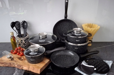 Набір каструль Hoffner, алюміній з мармуровим покриттям, чорний, 17 предметів