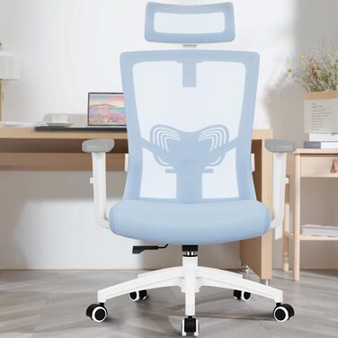Ергономічне крісло Daccormax для офісу: регульована підголовник, підлокітники, підтримка попереку, поворотний механізм, функція гойдання, дихаюча сітка, для спини, до 150 кг (Блакитний)