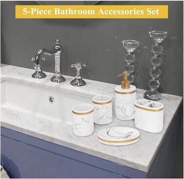 Набір аксесуарів для ванної кімнати 5 шт. з імітацією мармуру (білий + золото/чорний), включає: дозатор мила, стакан для зубної щітки, мильниця, тримач для зубних щіток, набір для ванної кімнати