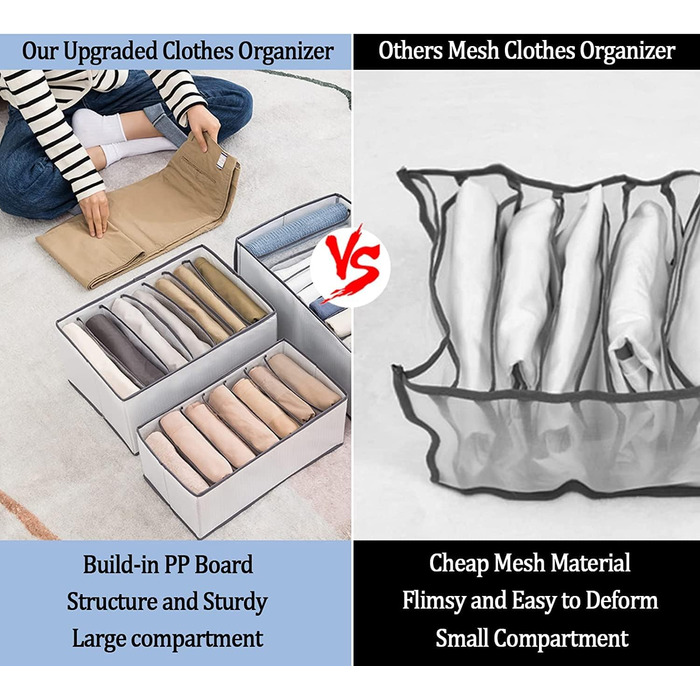 6-Piece Closet Organizer Boxes Organization System Pants Closet Foldable Stackable Drawer Inserts for Closets Jeans Shirts Clothing, 36 x 24 x 20 cm | 7 compartments | Grey