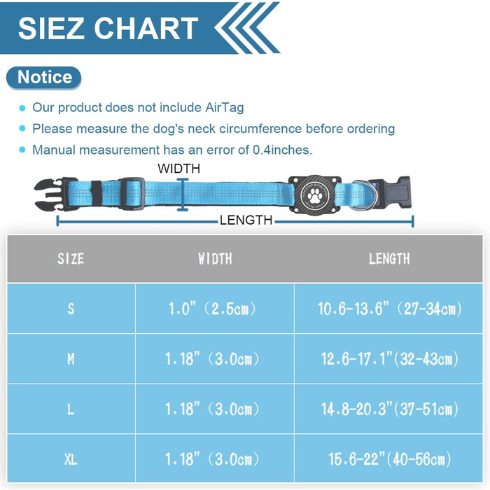Світловідбиваючий нашийник для Apple AirTag для собак, регульований, водонепроникний, для малих, середніх та великих собак, розмір L (S 27-34.5 см), блакитний