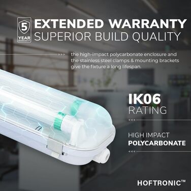 HOFTRONIC - LED Damp-Proof Light 150cm Cold White 60W 10500lm Flicker-Free Linkable T8 Workshop Lamp IP65 Waterproof Basin Light Double for Garage, Basement, Office (160lm/W, 6000K)
