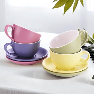 Набір кавових чашок Yundu Cappuccino 4 шт. по 300 мл з блюдцями, кераміка, матові кольори для латте-арт, для бариста, великі мока чашки