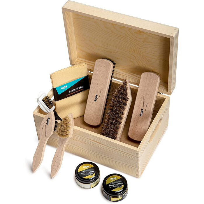 Kaps Complete Shoe Cleaning and Care Set | 9-Piece Shoe Care Set for Leather Boots and Shoes | Shoe Cleaning Kit Packaged in a Wooden Gift Box