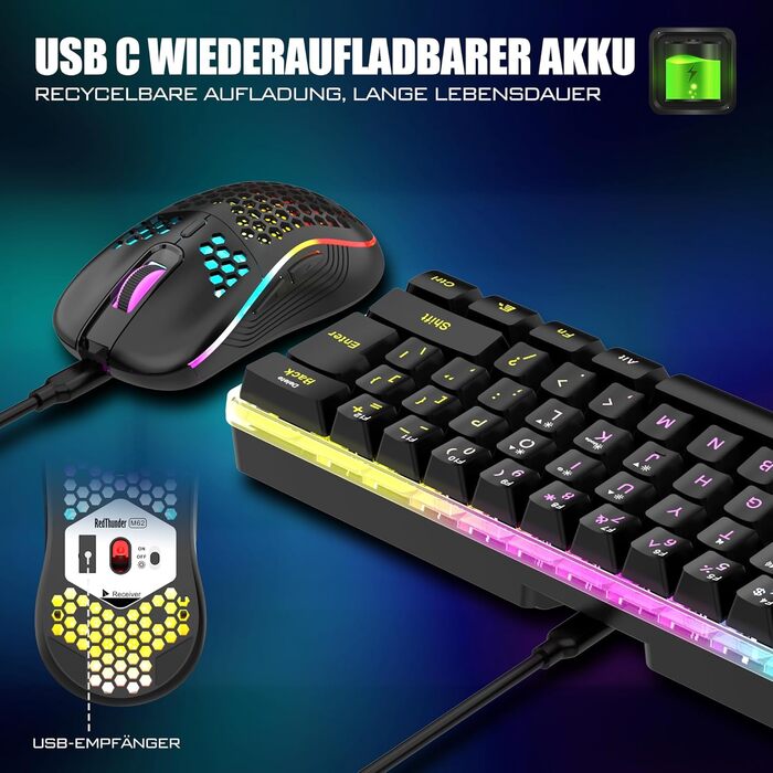 RedThunder Бездротовий ігровий комплект клавіатури та миші 60%, QWERTZ DE, для PC, MAC, PS5, Xbox, офісу. Чорний
