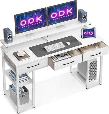 Письмовий стіл ODK білий з 3 шухлядами та полицею, 120x50x90 см, комп'ютерний стіл з підставкою для монітора, робочий стіл для дому, офісу, геймінгу