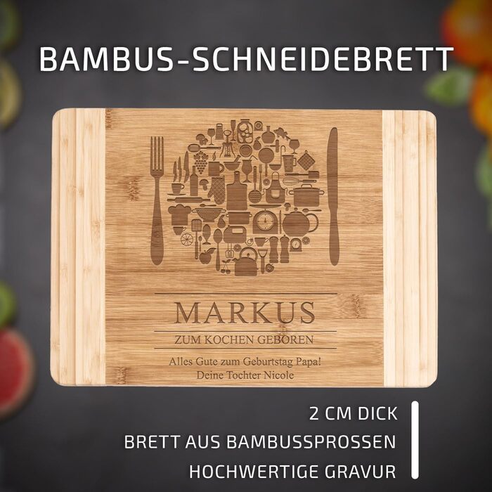 Maverton Bamboo Cutting Board with Engraving - Serving Board - Charcuterie Board Solid Wood - Size: 35x25 cm - Cutting Board for Men - Christmas Gifts - for Birthdays - for Christmas - Cutlery