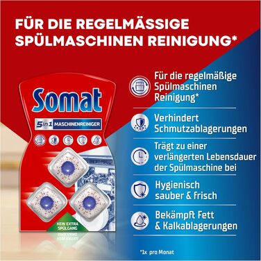 Очищувач для посудомийних машин SOMAT 5in1 Anti-Kalk, засоби для щомісячного чищення та догляду за пральною машиною, 3 шт