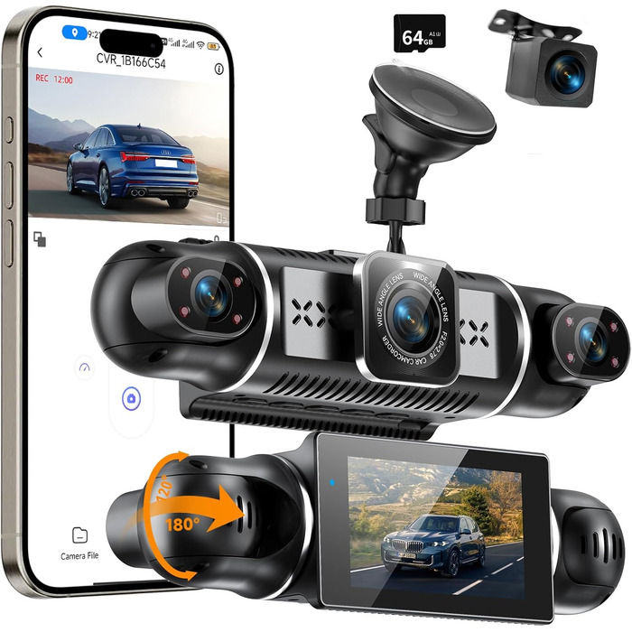 Відеореєстратор в авто Dash Cam 2K/1080p з 64GB SD-картою, 4 камери, IPS-дисплей 3