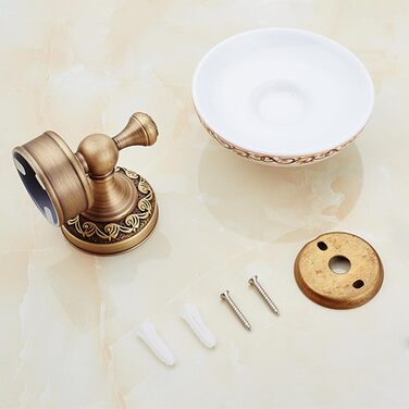Brass toothbrush holder, antique bronze, cup holder with white ceramic cup, wall-mounted, bathroom accessory, patterned carved design (soap dish)