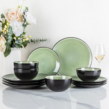 Набір посуду GBhome з реактивної глазурі для 6 осіб (18 предметів), ручної роботи, керамічний, мікрохвильова та посудомийна машина, зелений колір