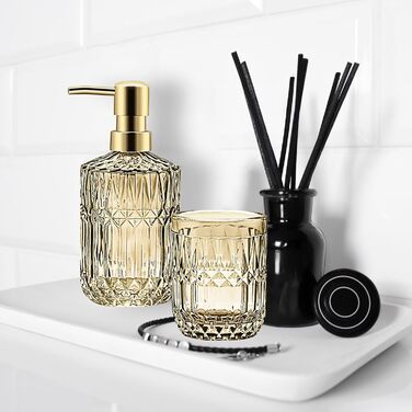 Набір аксесуарів для ванної кімнати з 5 предметів, золото, скло: диспенсер для лосьйону, мильниця, тримач для зубних щіток, стакан, ватні палички. Сучасний дизайн, вінтажний подарунок
