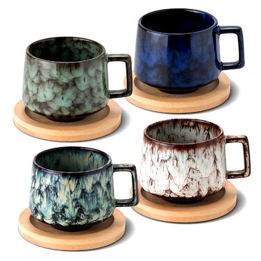 Набір з 4 чашок еспресо 190мл з дерев'яними підставками, керамічні чашки для кави, американо, лате, кави, мока та чаю (бежевий+блакитний+темно-синій+темно-зелений)