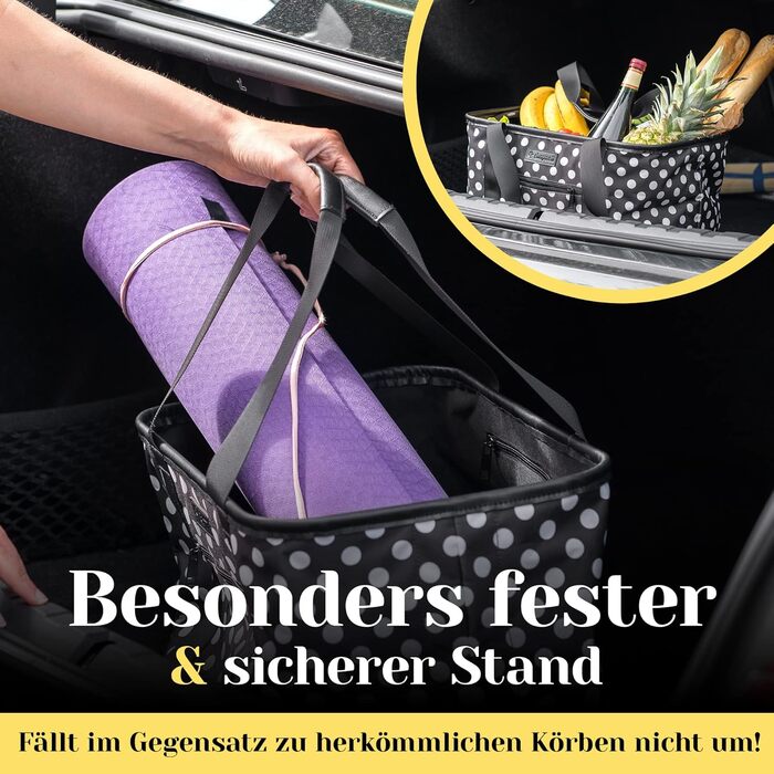 Foldable Shopping Basket in Premium Quality | Shopping Bag with Soft PU Leather Handle | Ideal Shopping Basket with 30 Liter Capacity | Sturdy & Secure Shopping Bag (Black/White Dotted)