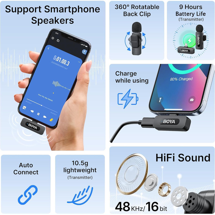 Мікрофон Boya BY-V10 USB-C: бездротовий мініатюрний мікрофон з шумозаглушенням для Android, смартфонів, ноутбуків, YouTube, подкастів, Facebook, Vlogging