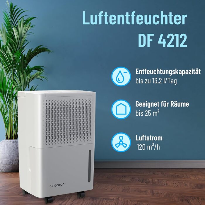 Noaton® DF 4212 - Електричний осушувач повітря 13,2 л/добу, для квартири та підвалу, з таймером та захистом від переливу
