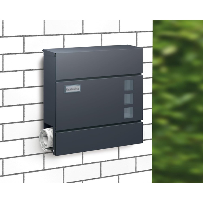 Поштова скринька BASI з м'яким закриттям, оглядовим вікном та табличкою для імені, DIN A4, з 2 ключами, вбудованим відділенням для газет, антрацит, настінна (H37x37x10.4 см)