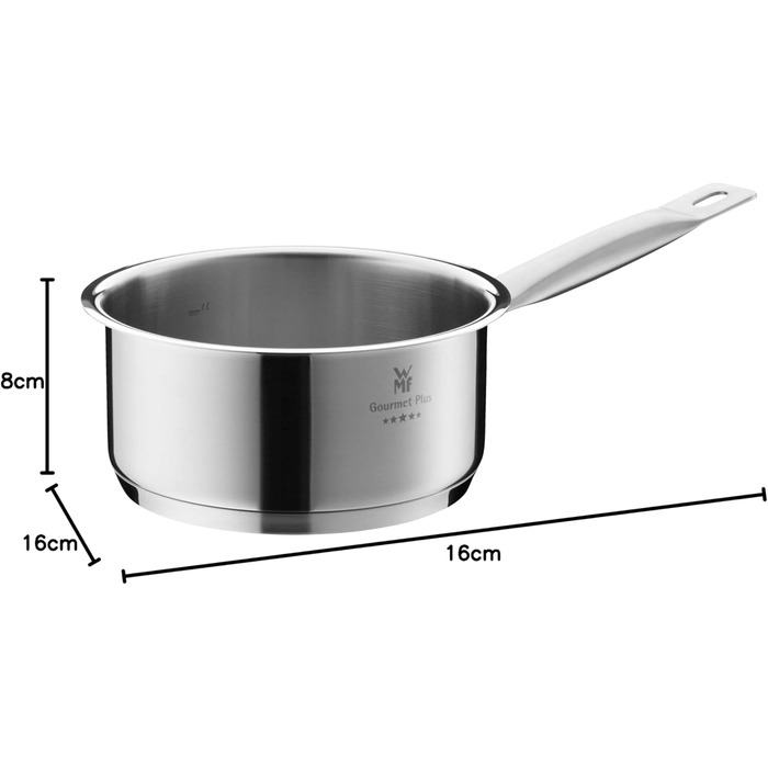 Каструля WMF Gourmet Plus 16 см без кришки, 1,4 л, з нержавіючої сталі Cromargan, з мірною шкалою, для індукційних плит