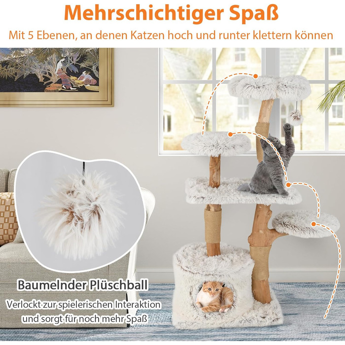 Дерев'яна кігтеточка для котів Costway 87 см з гамаком та джутовими стовпами, білий кігтеточний комплекс з 2 стовпами та печереєю